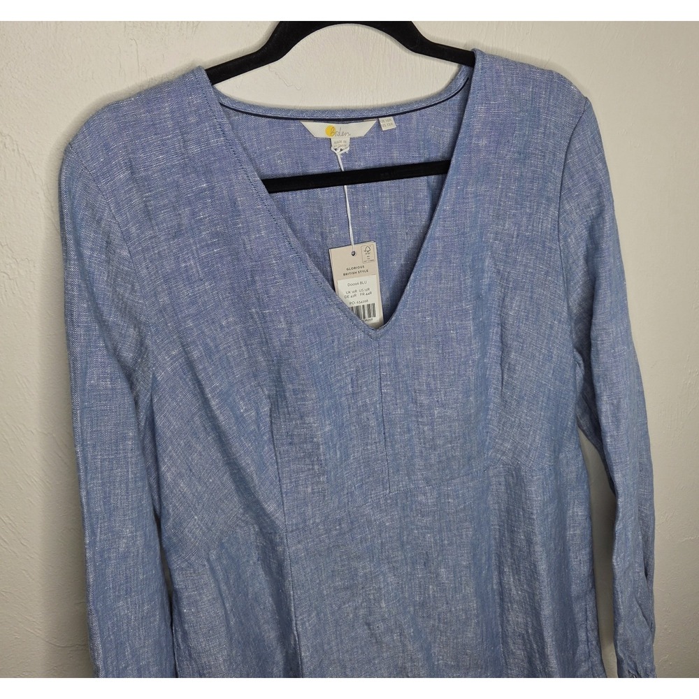 *NEW w/Tags Boden 100% Linen Dress Bohemian Resort USA Boho Blue Size 12R Beach - Picture 2 of 10